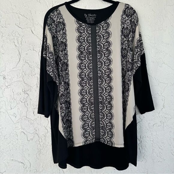 CHICOS Lace Print Blouse Womens Size Large Stretch Jersey Knit Dolman Sleeve - Picture 2 of 7